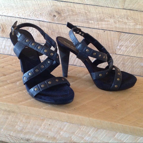 Moto Black Leather Strappy Sandal 6.5 Studded Heel - Picture 2 of 6